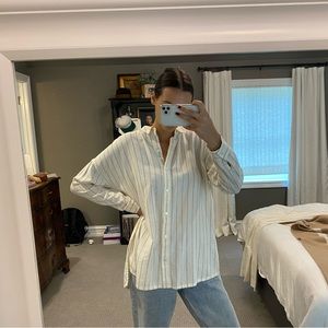 Eileen Fisher Stripped Cream and Black Button Down Shirt